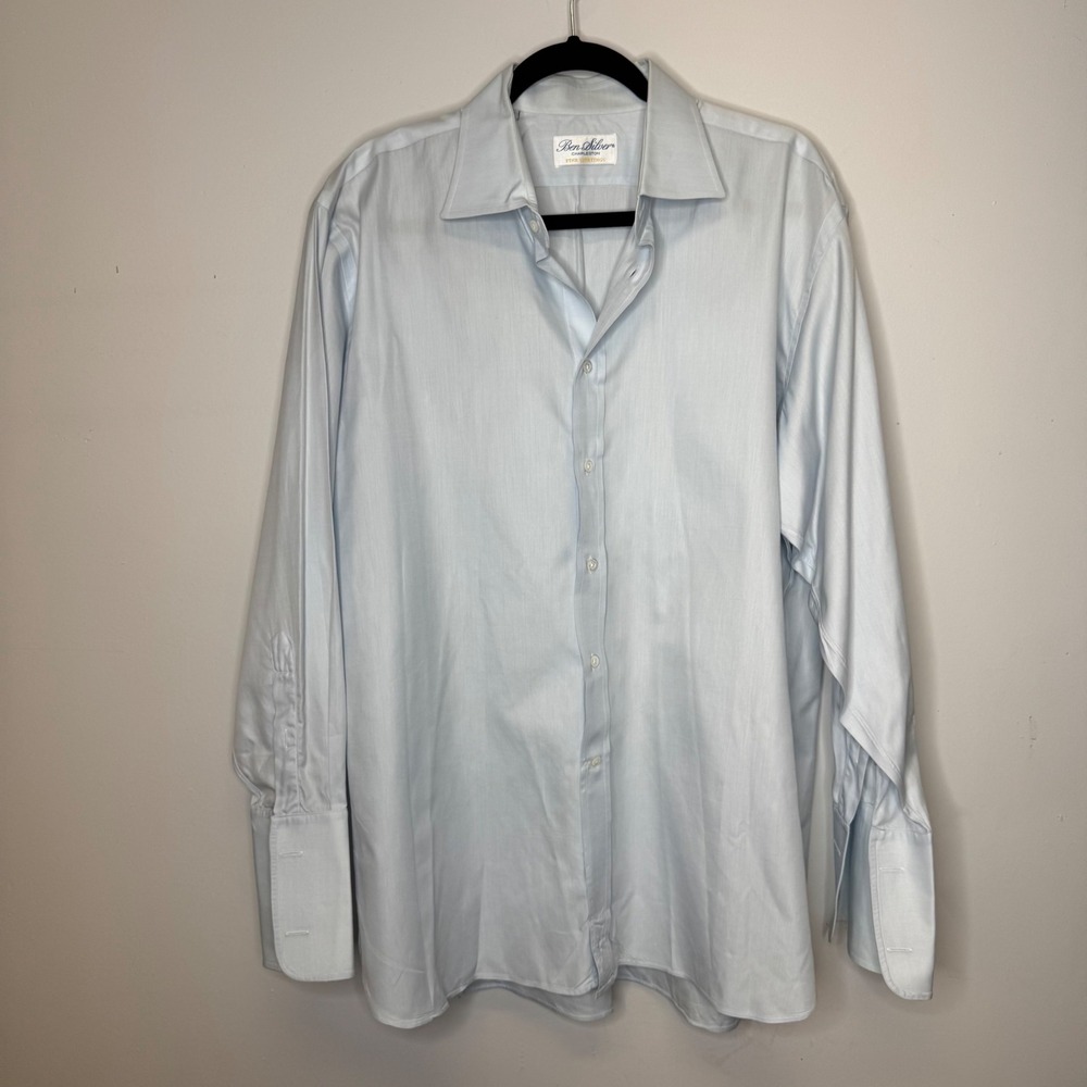 Ben Silver Charleston Mens 17-33 Light Blue Cotton Twill French Cuff Dress Shirt